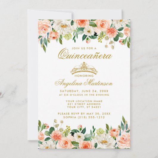 Quinceanera Coral Floral Gold Crown Kaart (Voorkant)