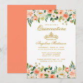 Quinceanera Coral Floral Gold Crown Kaart (Voorkant / Achterkant)