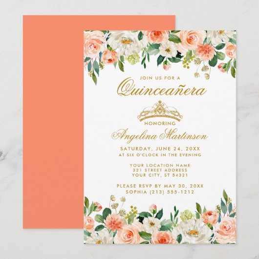 Quinceanera Coral Floral Gold Crown Kaart (Voorkant / Achterkant)