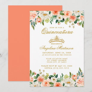 Quinceanera Coral Floral Gold Crown Kaart