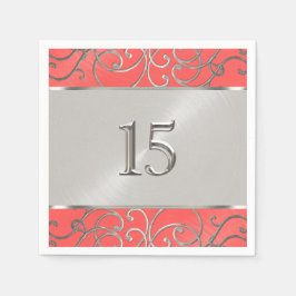 Quinceanera Coral Pink en Silver Filigree Swirls Servetten