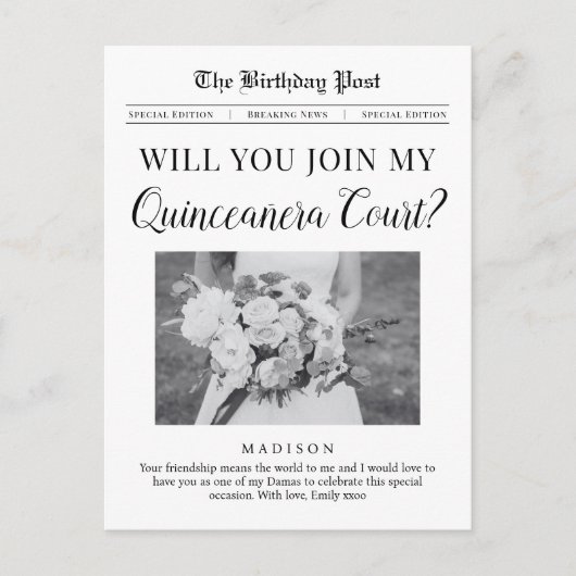 Quinceañera Court Proposal Newspaper Briefkaart (Voorkant)