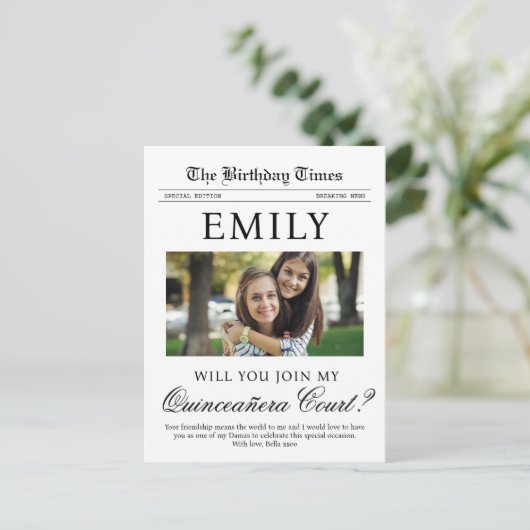 Quinceañera Court Proposal Newspaper Briefkaart (Staand voorkant)