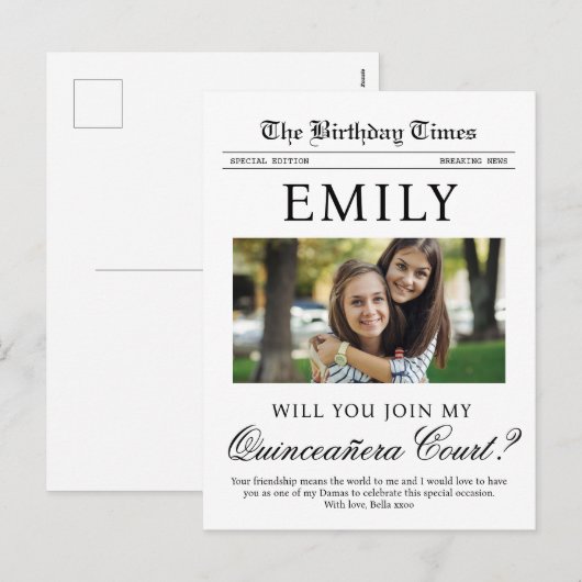 Quinceañera Court Proposal Newspaper Briefkaart (Voorkant / Achterkant)
