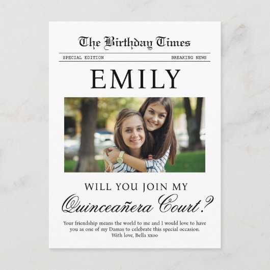 Quinceañera Court Proposal Newspaper Briefkaart (Voorkant)