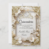 Quinceanera Cream Bloemen Goud Wit Tiara Party Kaart (Voorkant)
