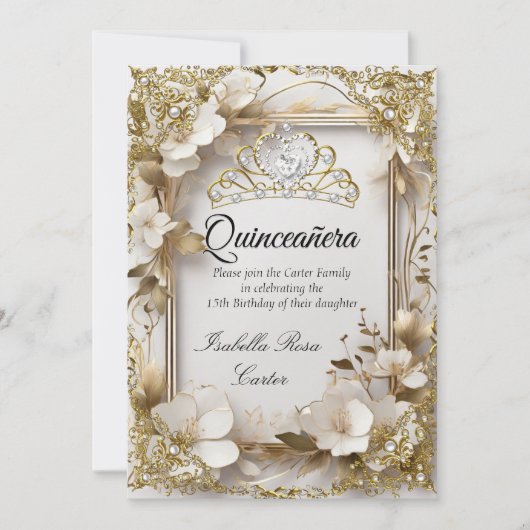 Quinceanera Cream Bloemen Goud Wit Tiara Party Kaart (Voorkant)