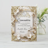 Quinceanera Cream Bloemen Goud Wit Tiara Party Kaart (Staand voorkant)