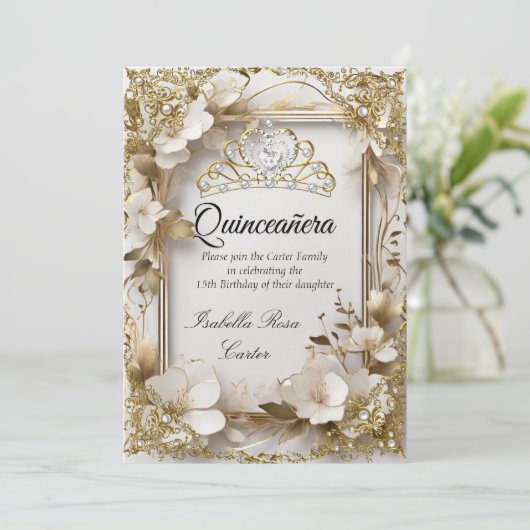 Quinceanera Cream Bloemen Goud Wit Tiara Party Kaart (Staand voorkant)