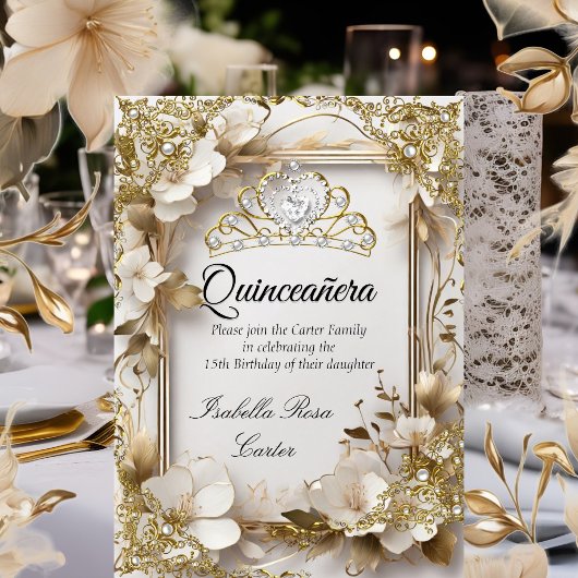 Quinceanera Cream Bloemen Goud Wit Tiara Party Kaart