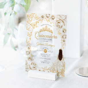 Quinceanera Crème Goud Bloem Acryl Uitnodigingen