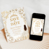 Quinceanera Crème Goud Bloemig Save The Date
