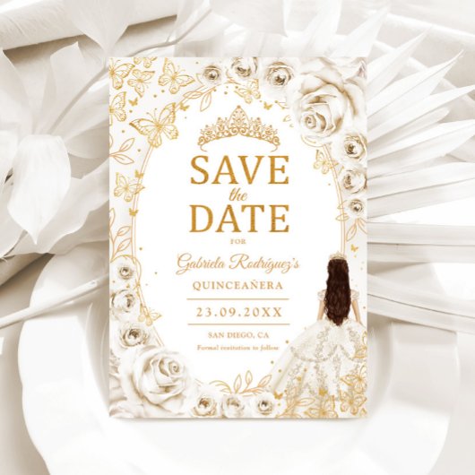 Quinceanera Crème Goud Bloemig Save The Date