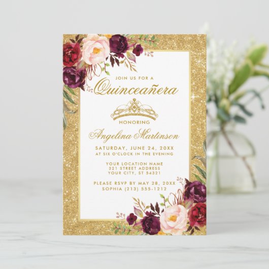 Quinceanera Crown Burgundy Floral Glitter Foto Kaart (Staand voorkant)