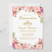 Quinceanera Crown Pink Blush Floral Gold Kaart (Voorkant)