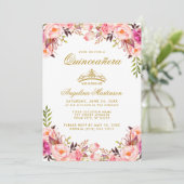 Quinceanera Crown Pink Blush Floral Gold Kaart (Staand voorkant)