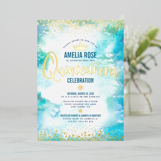Quinceañera Crown Turquoise Waterverf Real Gold Folie Uitnodiging (Staand Voorkant)