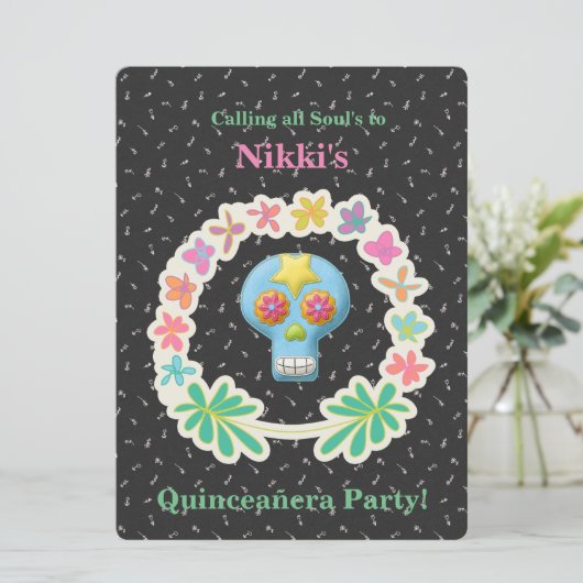 QUINCEANERA DAG VAN DE DODE INVITATIE KAART (Staand voorkant)