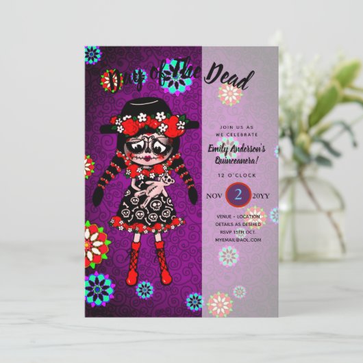 Quinceanera Dag van de Doden Suiker Schedels Kaart (Staand voorkant)