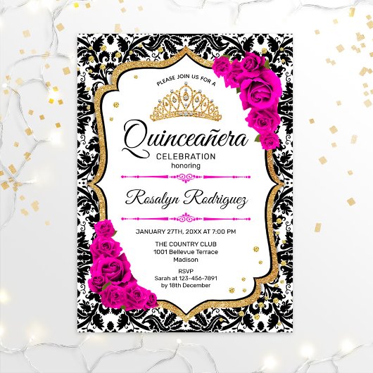 Quinceanera - Damask Pink Gold Kaart