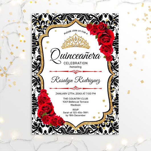 Quinceanera - Damask Red Gold Kaart