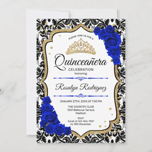 Quinceanera - Damask Royal Blue Gold Kaart (Voorkant)