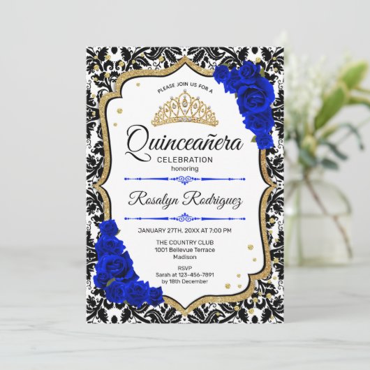 Quinceanera - Damask Royal Blue Gold Kaart (Staand voorkant)