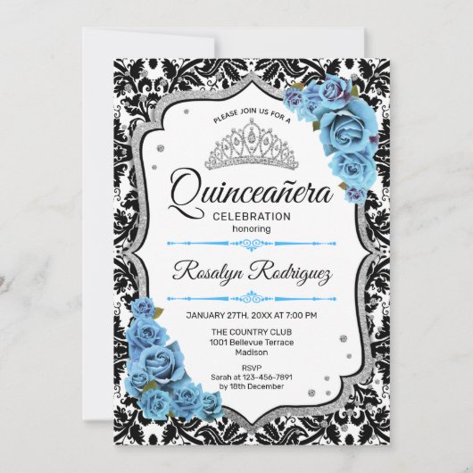 Quinceanera - Damask Silver Blue Kaart (Voorkant)