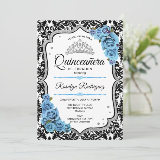 Quinceanera - Damask Silver Blue Kaart (Staand voorkant)