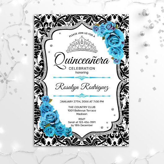 Quinceanera - Damask Silver Blue Kaart