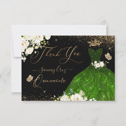 Quinceanera Dank u, Emerald Green Glitter Gown Bedankkaart (Voorkant)