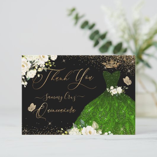 Quinceanera Dank u, Emerald Green Glitter Gown Bedankkaart (Staand voorkant)