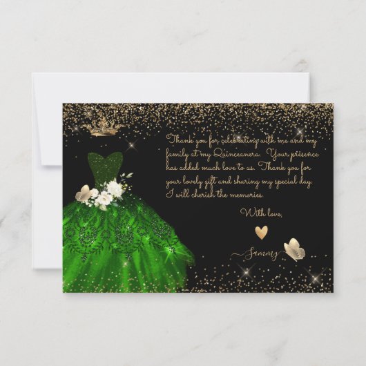 Quinceanera Dank u, Emerald Green Glitter Gown  Bedankkaart (Achterkant)