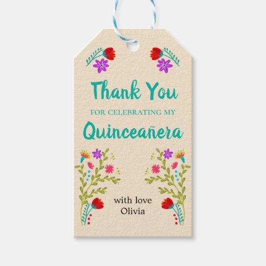 Quinceanera Dank u Turquoise Groene Bloemen Cadeaulabel (Voorkant)