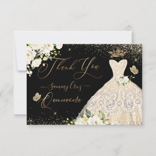 Quinceanera Dank u wel Champagne Gold Glitter Gown Bedankkaart (Voorkant)
