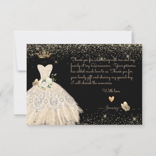 Quinceanera Dank u wel Champagne Gold Glitter Gown Bedankkaart (Achterkant)