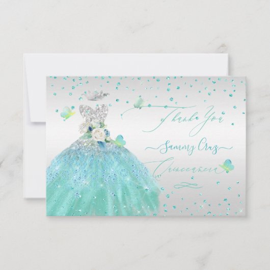 Quinceanera Dank u wel Glitter Silver Turquois Kaart (Voorkant)