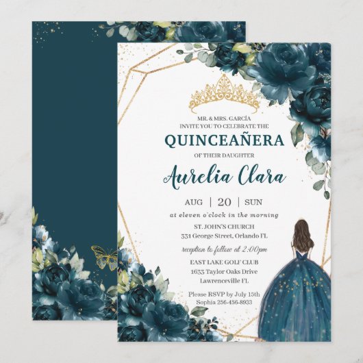 Quinceañera Dark Blauwgroen Peacock Floral Princes Kaart (Voorkant / Achterkant)