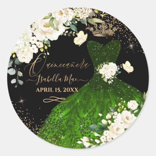 Quinceanera Dark Green Glitter Gown Cream Rozen Ronde Sticker (Voorkant)