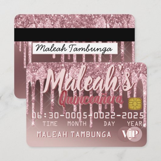 Quinceañera Dark Roos Gold & Roze glitter Drip Kaart (Voorkant / Achterkant)
