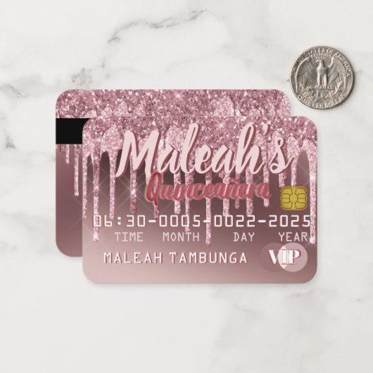Quinceañera Dark Roos Gold & Roze glitter Drip Notitiekaartje (Voorkant / Achterkant in situ)
