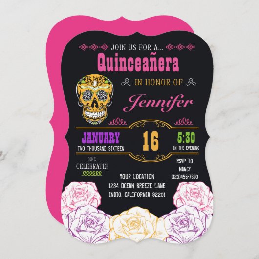 Quinceañera Day of the Dead Sugar Skull Invitation Kaart (Voorkant / Achterkant)