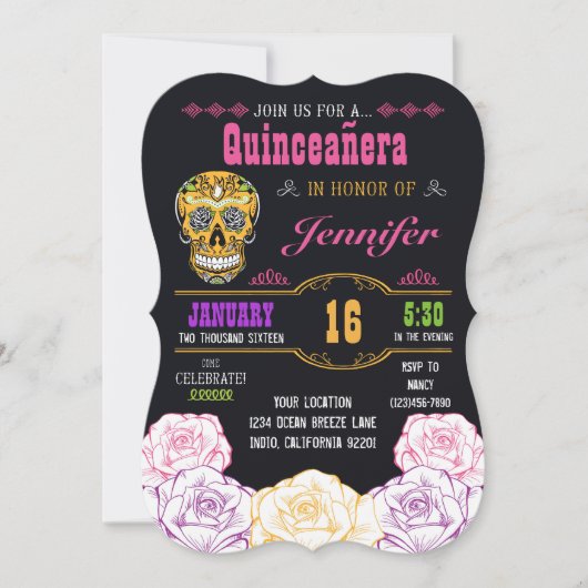 Quinceañera Day of the Dead Sugar Skull Invitation Kaart (Voorkant)