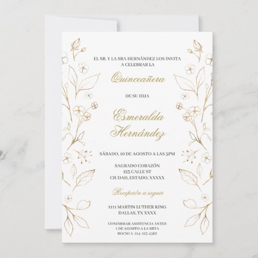 Quinceañera de tema oro kaart (Voorkant)