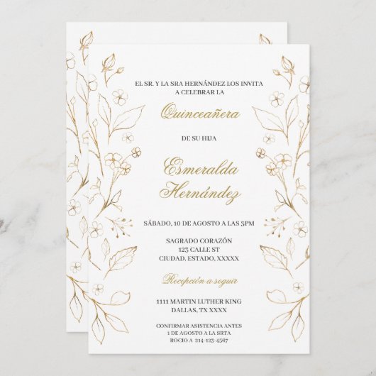 Quinceañera de tema oro kaart (Voorkant / Achterkant)