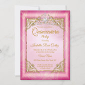 Quinceanera deep Pink Damask foto Gold Tiara Kaart (Voorkant)