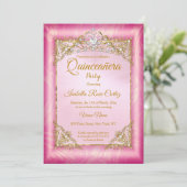 Quinceanera deep Pink Damask foto Gold Tiara Kaart (Staand voorkant)