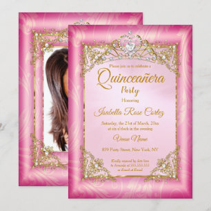 Quinceanera deep Pink Damask foto Gold Tiara Kaart