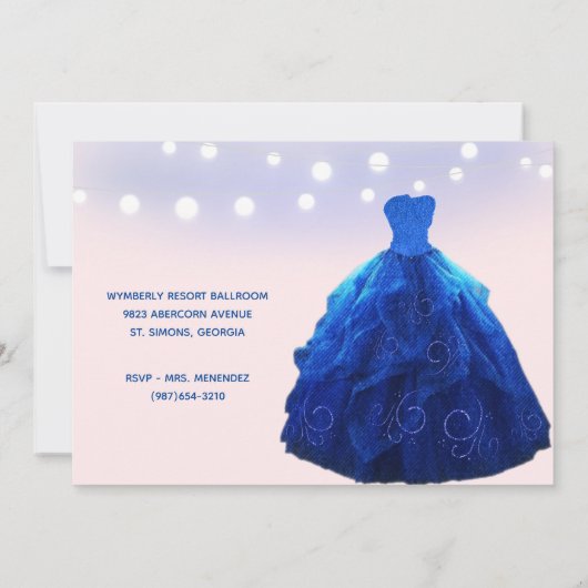 Quinceanera Denim Blue Blush String Lights Kaart (Achterkant)