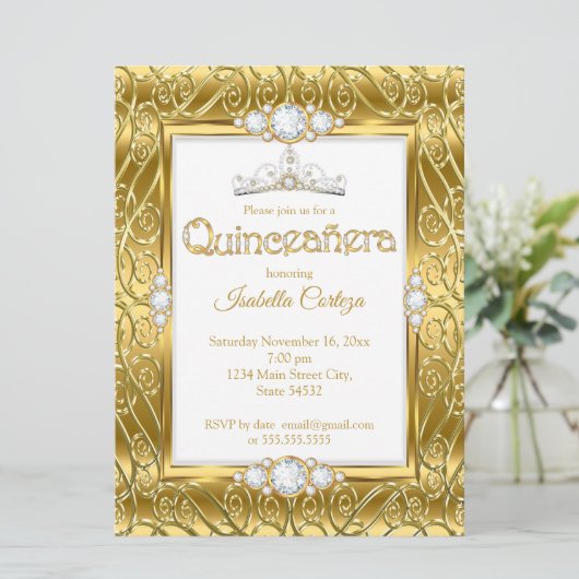 Quinceanera Diamond Gem Gold-feest Kaart (Staand voorkant)